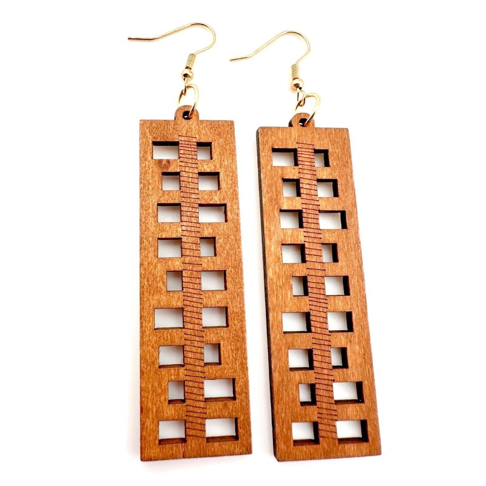 Art Deco Earrings Window Frame Chestnut Brown Laser Cut‎ Wood NEW